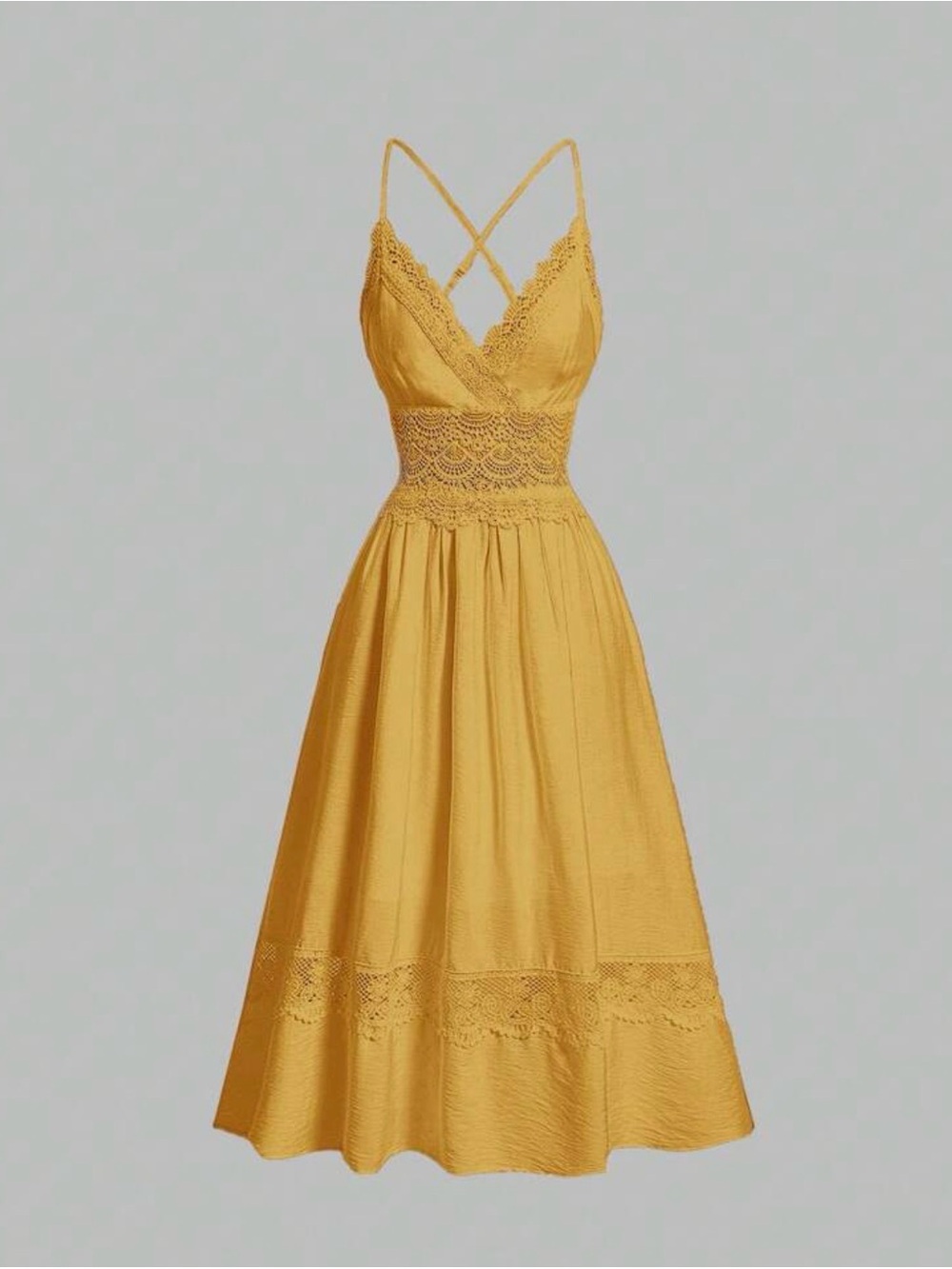 Mustard Lace Trim Boho Midi Dress